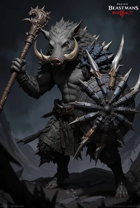  Wild Boar Beastman with intelligence、 is wearing armor、The weapon is a big naginata、The left hand is equipped with a highly aggressive shield with sharp spines。