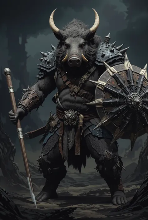  Wild Boar Beastman with intelligence、 is wearing armor、The weapon is a big naginata、The left hand is equipped with a highly aggressive shield with sharp spines。