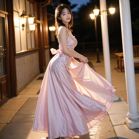  Realistic Photo Quality 、A 20 year old Japanese model is standing in front of a terrace in a pink dress, Beautiful silk dress,  satin, soft and elegant dress, Bright pink dress, Stunning graceful pose, Long gown,  pink dress ,  beautiful soft and silky dr...