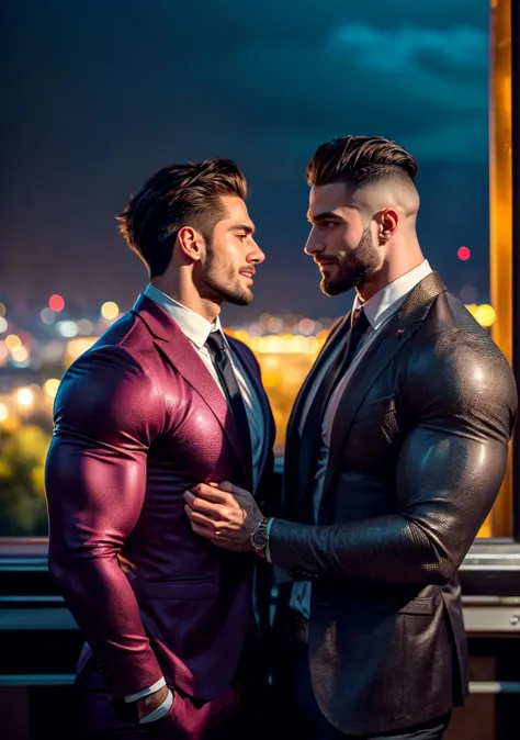 A highly detailed, ultra-realistic cinematic shot of (((two1.0))) ruggedly handsome, muscular bodybuilder ,Golden hour paints the Parisian sky in hues of soft pink and gold as two athletic muscled , ((( handsome men1.0 with chiseled face )))stand close to ...