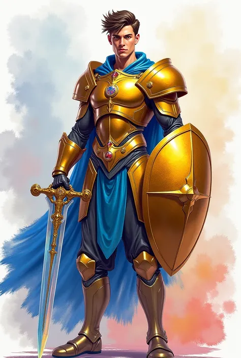 muscular young man, WITH HOLOGRAPHIC EFFECT ARMOR,   golden shield ,  MASTERPIECE SWORD,  watercolor style 