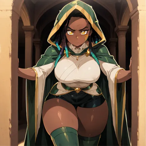 Woman, anime, 20 years old, very dark black skin, short dreads, green tips, up to the beginning of the neck, short and wide black shorts with dark green details, dark green hunter's cape with large hood without wearing it, wide sleeves, green thigh-high so...