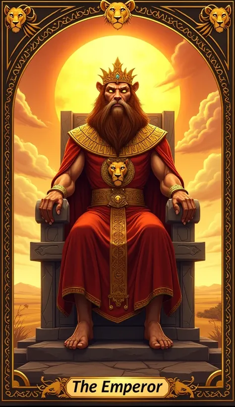 Create a semi-realistic, cartoon style, character design, super detailed, fantasy-inspired with high attention to detail of A majestic and powerful king, reimagined as Mufasa in human form, embodying The Emperor tarot card. He stands tall on a grand stone ...