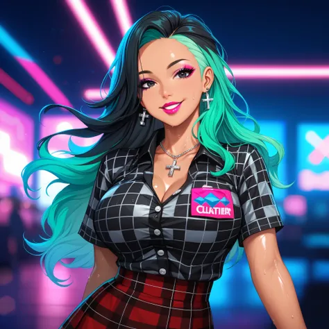 posing standing, tan, damp skin, sweat, wind effect, checkered red button-up shirt, mini skirt, punk clothing, punk accessories, cross, rings, checker, dark background, dark saturated colors, large lush breasts, lush juicy hips, 1 girl, blurry, solo, long ...