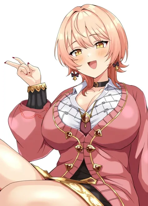 a woman in a pink dress is sitting and pointing,  a character portrait inspired by Li Chevalier , pixiv, shin hanga,  seductive anime girl , Ayaka Genshin impact,  fanart by Marin Kitagawa ,  Anya from Família Espíão x ,  detailed art of anime characters ,...