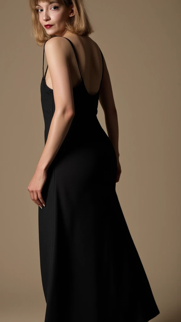 Beautiful tall Bald Woman wearing a sleeveless black cocktail dress