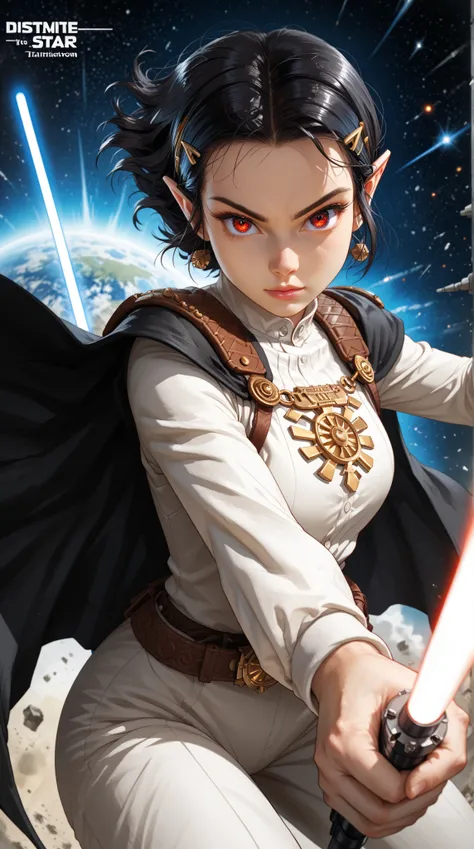  A full body shot of Princess Zelda ,  black hair , Red Eyes, disguised as Rey Skywalker, 30 years old, reif, XL bust, serves ,  and only holds a red lightsaber in one hand,  wears a black cape with red details , fights, in fighting stance,  wallpaper: Ins...