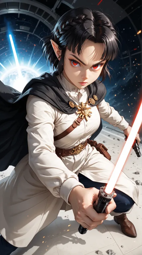  A full body shot of Princess Zelda ,  black hair , Red Eyes, disguised as Rey Skywalker, 30 years old, reif, XL bust, serves ,  and only holds a red lightsaber in one hand,  wears a black cape with red details , fights, in fighting stance,  wallpaper: Ins...