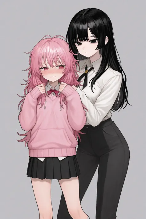 2 girls, One with long messy pink hair, The other girl is very young beautiful short black hair with a shy look 