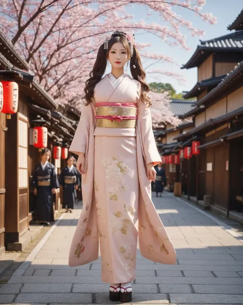  long hair,  super high heels,  textured skin,  High Details,  highest quality,  1 girl, solo, A portrait of a breathtakingly elegant Edo-period courtesan. Standing in a traditional Japanese town in midday.,Canon, Wide angle, Chiaroscuro,  ray tracing,  8k...