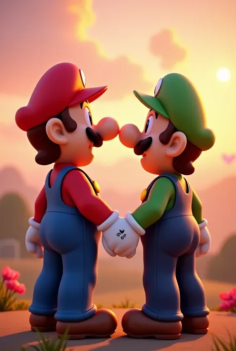 An image of Mario and Luigi in an atmosphere of love and friendship on February 14, one next to the other holding hands, Mario holding hands loudly than Luigi looking at the horizon. 