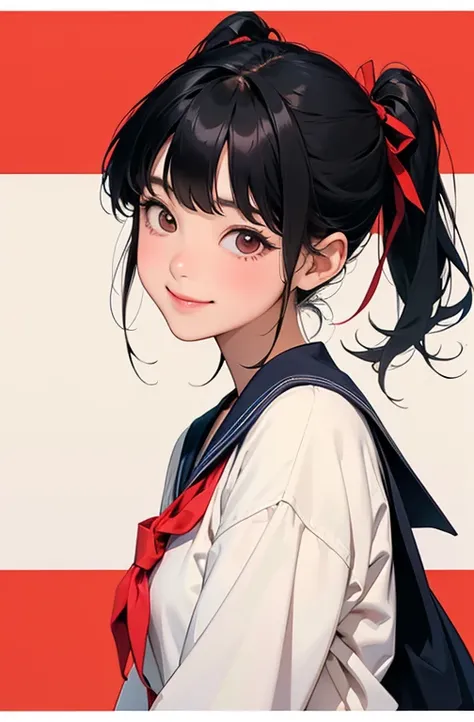  cute girl、  black hair、bangs、 sailor suit 、Schoolへ向かう、smile、School、The ribbon is red、