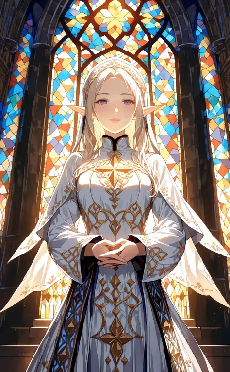 (masterpiece, ultra quality, official art, 8k, beautiful and aesthetic, extremely detailed:1.3), (1 elf lady), Alone, (cowboy shot:1.3), (scenery inside a grand cathedral, soft light filtering through stained glass), anatomically correct, absurdres, (well-...