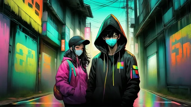 Beautiful woman in colorful clothes and a man with mask wearing a black hooded jacket with both hands in his trouser pockets, , anime style, directed by Junji Ito, high contrast, bright colors, eerie atmosphere, psychological tension, intricate line work.