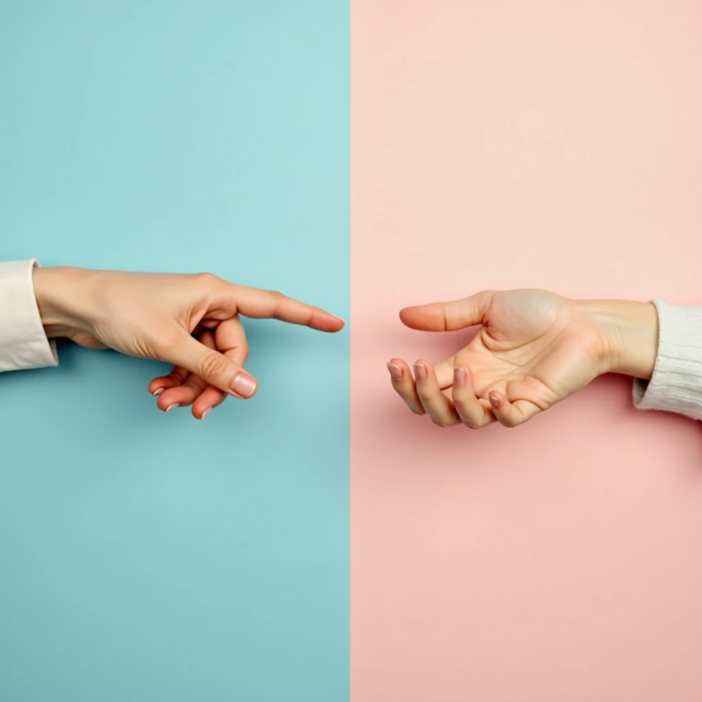 Picture the balance between giving and receiving in life:  One person's right hand gives , the other takes .  and vice versa :  Another person's right hand gives, the other takes .  photorealism.  Shades: blue, pink, beige.