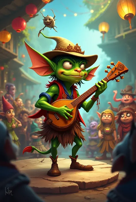 Generate an image of a dnd goblin bard