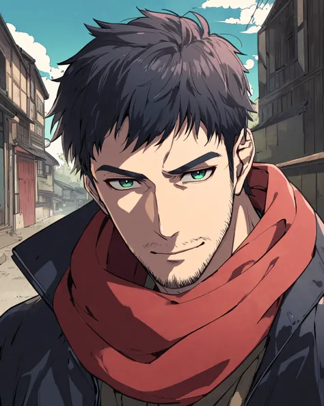 Amazing,highly detailed,male focus, 1guy, solo, short hair, looking at viewer, long sleeved black jacket ,red scarf, green eyes, serious but calm expression,stubble beard, dark black hair, outdoors, upper body view, anime style, Japanese buildings, male, A...