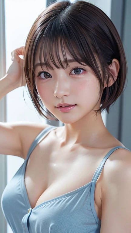  very cute girl 、、 short hair、 gray hair、  reduces hair volume 、  blue background 、 upper body、( upper body写真:1.5)、 eyes focus、  collared shirt 、Laughter、、(8k、 RAW Photo 、 highest quality、 Masterpiece:1.2)、( by Nomi、 by Nomi:1.3)、、 The Depths of the Writte...