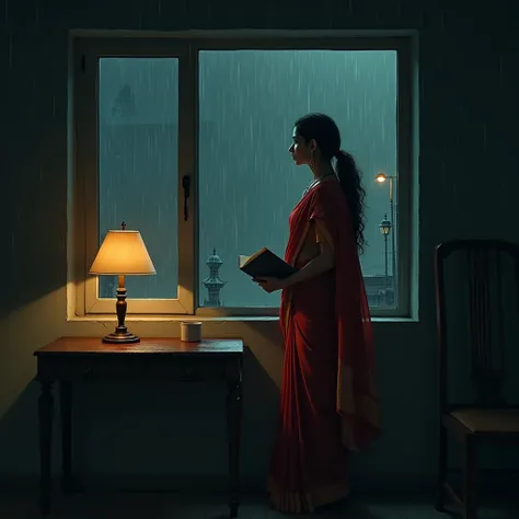 a 20 years girl watching rain and two boys  from 3rd floor . the girl wearing a red saree . beside the window there is a table and a table lamp on it . there is a book in her hand . and also two 22 years boys standing at street under a street lamp and star...