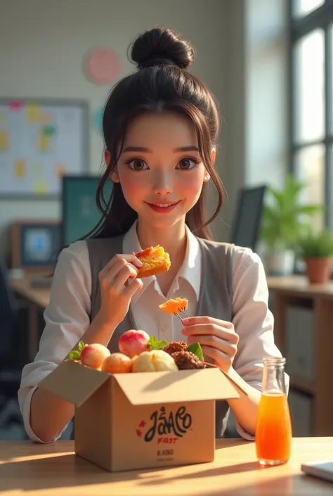 A YOUNG LADY EATING AT WORK AT SNACK TIME A COMBO BOX, Of cardboard, What is called "JAMEO FAST " Which contains a carrot cake, a bottle with orange drink and some dried fruit