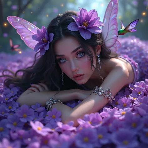 
A beautiful woman with a striking look , Iris of the blue eyes with bright reflection , purple eyeshadow degrade with smoky green ,  long lashes and eyeliner
Lying on a flowery floor of bright purple flowers with a purple hummingbird with iridescent green...