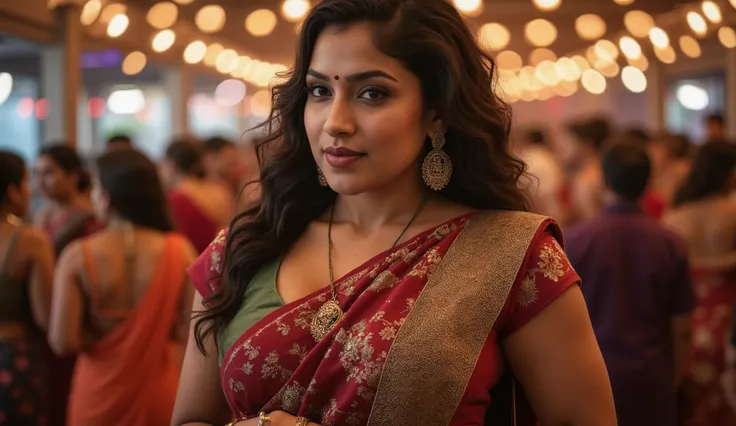 Indian 30 years old I'll bloody woman, curvy figure, beautiful round face, curly black long hair, wearing saree, in a party