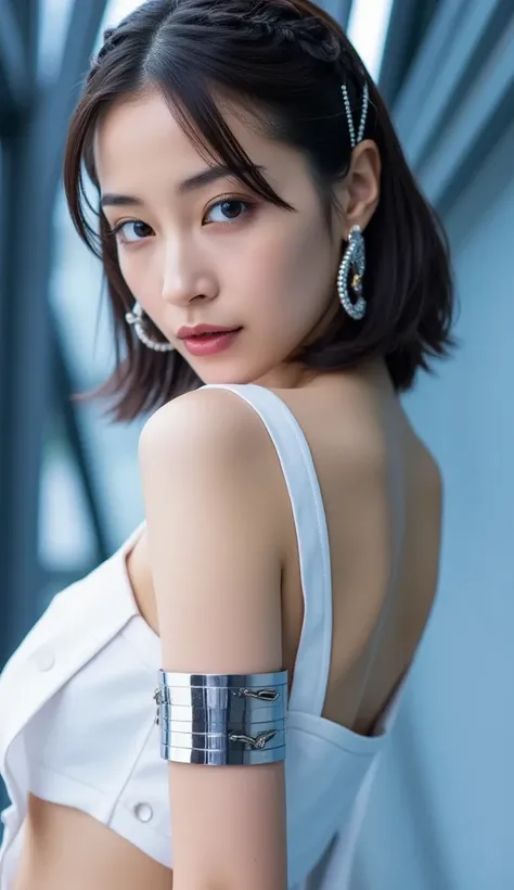 (nsfw:1.4), (  Masterpiece,   highest quality, 18k,   very detailed,  By Mr. names,   beautiful:1.3),  By Mr. names Girl, Depict a sophisticated Japanese   beautiful dance model,, 20 years old, ///    BEAUTIFUL FACE  // }  She says Inside a futuristic colo...