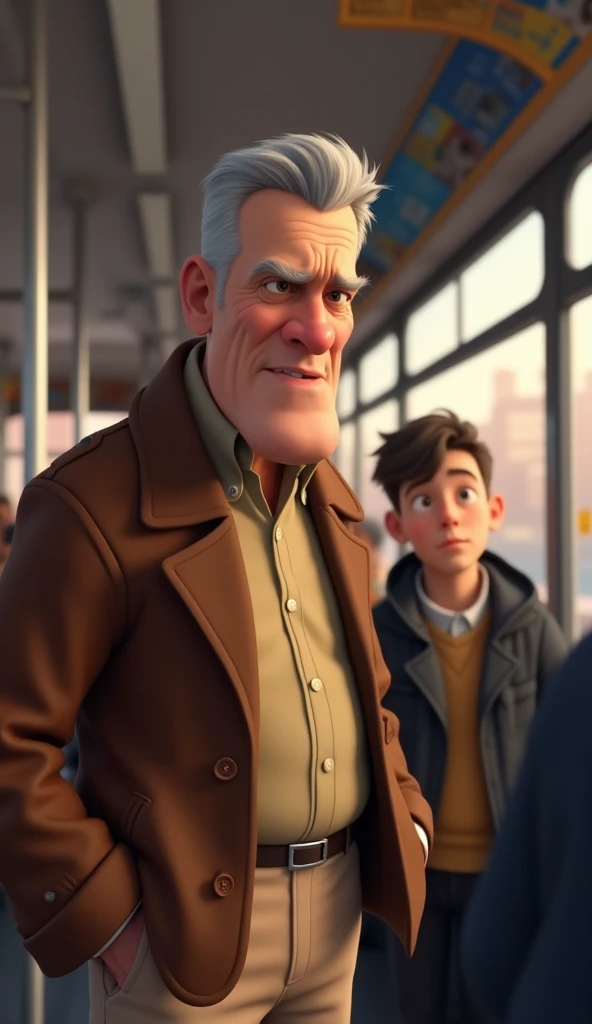 Create a Disney Pixar style close-up shot of a middle-aged white man with short graying hair, wearing a brown jacket and beige pants in a public bus. The subject is placed in the foreground and is scoffing with a disapproving look on his face, speaking to ...