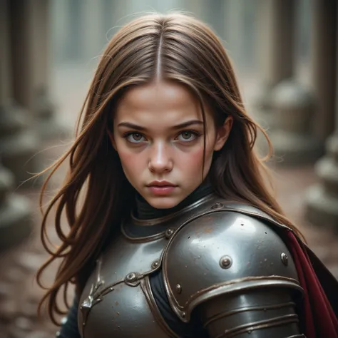 High resolution, masterpiece, photorealistic, a full armored 17-year-old pretty girl with brown long hair, brown eyes, round shape face, gentle look wearing a shiny medieval armour is fighting with anger expression.