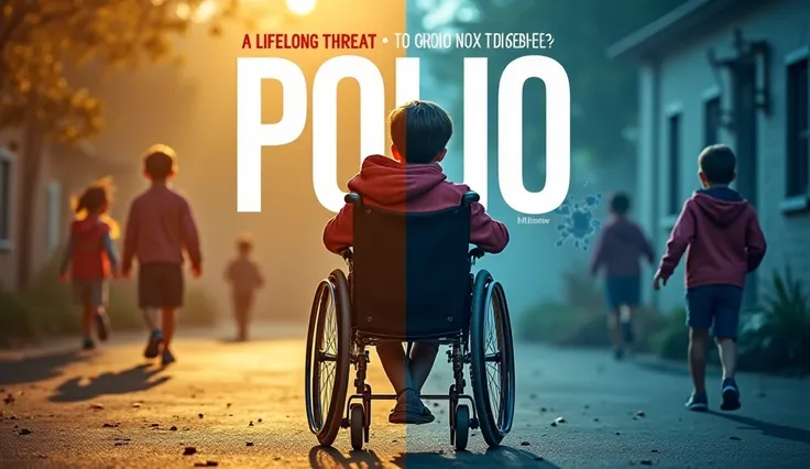 
"A compelling and impactful YouTube thumbnail on the topic 'Polio – A Lifelong Threat, Not a Disease.' The main subject is a young  sitting in a wheelchair, looking off to the side with a solemn expression, symbolizing the long-term effects of polio. The ...