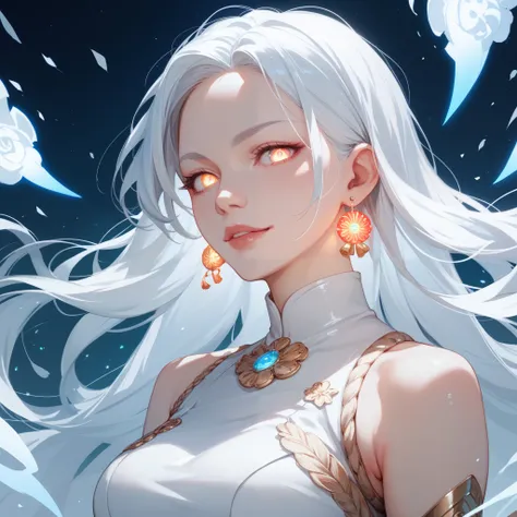 Make a 30 year old woman with long white hair with eyes glowing white with a look of irritation. Make anime style