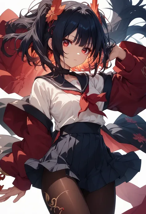 High school girl. Japanese sword. Black hair. Red eyes. Straight hair. Black Japanese school uniform. Tights. Thighs. Ninja mask. White background.