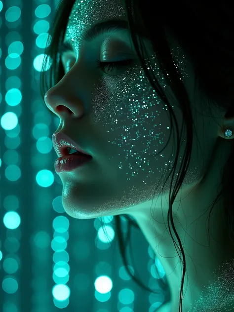 A stunning epic boobs 20 years old girl epic close up, enveloped in a Digital Rain Code Matrix, with streams of falling code and cryptic symbols. Use glowing teal and silver to create a sense of immersion within the data flow