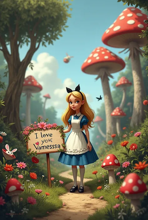  Alice in Wonderland ,  With a sign that says : "I love you Vanessa "