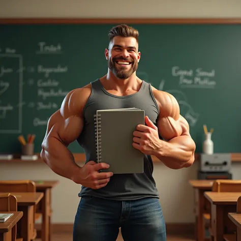 A strong and muscular teacher with a classroom background and who is very happy with a notebook in one hand