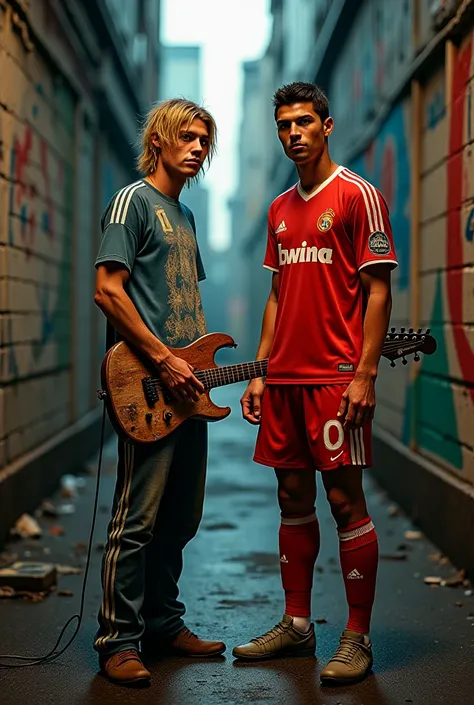 Kurt Cobain with a guitar next to Cristiano Ronaldo 