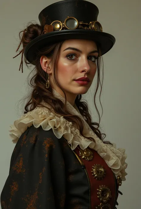 A Blonde woman in Victorian-era clothing

Steampunk Inventor, a Blond woman, Victorian-era clothing with a top hat, goggles, a waistcoat, and cogs as accessories, Charmer, Short, Toned, Diamond-Shaped Face, Dark Skin, Light Brown Hair, Hazel Eyes, Narrow N...