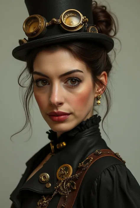 A Blonde woman in Victorian-era clothing

Steampunk Inventor, a Blond woman, Victorian-era clothing with a top hat, goggles, a waistcoat, and cogs as accessories, Charmer, Short, Toned, Diamond-Shaped Face, Dark Skin, Light Brown Hair, Hazel Eyes, Narrow N...