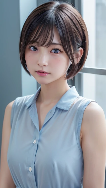  very cute girl 、、 short hair、 gray hair、  reduces hair volume 、  blue background 、 upper body、( upper body写真:1.5)、 eyes focus、  collared shirt 、Laughter、、(8k、 RAW Photo 、 highest quality、 Masterpiece:1.2)、( by Nomi、 by Nomi:1.3)、、 The Depths of the Writte...