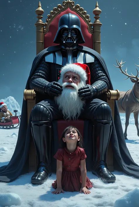 GENERATE DART VADER ON A THRONE AT THE NORTH POLE WHILE BEHIND THERE IS A STARRY SLEIGH AND SOME REINDEER ON THE FLOOR AND HE HAS THE HEAD OF SANTA CLOS IN HIS HANDS AND A DUNNÉ IS SCARED 