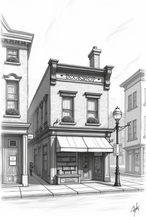 Front building draw , with book shop in light bw pencil sketch with more other buildings 