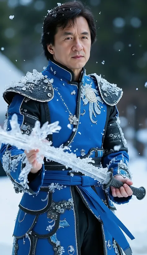  Jackie Chan assumes the role of Sub-Zero in an agile and masterful version of the legendary warrior of *Mortal Kombat*.  Wearing traditional blue and black armor ,  with crystallized ice details ,  he combines the elegance of the martial arts with the rel...