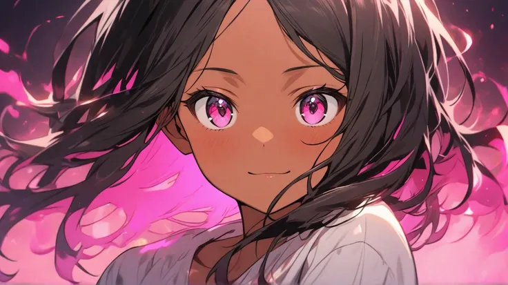 Face of a tanned girl with long black hair, with a relaxed face and pink eyes with a bright pink aura 