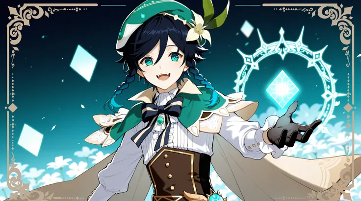 male, Venti Genshin Impact, short black hair,twin braids with aqua tips, aqua green eyes, gloves, solo, green beret hat, black gloves, frilly white top, brown corset, green shorts with gold embroidery, green cape, white stockings with ornate diamond shapes...