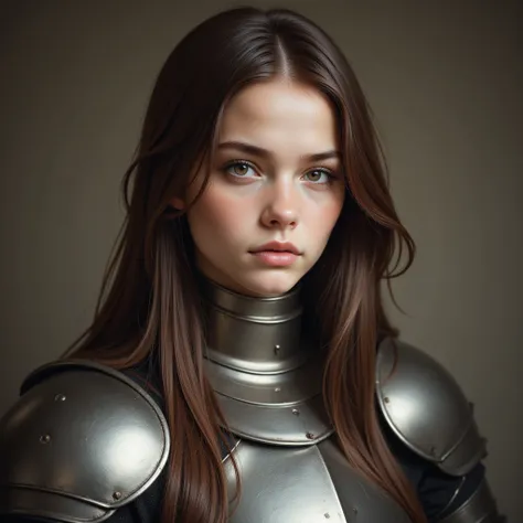 High resolution, masterpiece, photorealistic, a full armored 17-year-old pretty girl with brown long hair, brown eyes, round shape face, gentle look wearing a shiny medieval armour is captured with defiant expression.