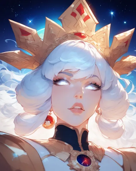 A GIANT goddess, with white eyes without irises, with a giant white hair, in space, with planets around you, With a crown of light with stars in the crown