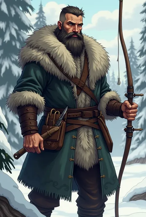  " A Viking hunter with a thin build ,  covered with a wolf fur coat . Her hair is short, but his beard is dense and wild . On her belt she carries knives and small leather bags.  His face shows scars from the harsh Scandinavian winter ."  anime style