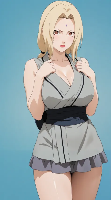 masterpiece, extremely detailed,perfect skin texture,4k,solo,1girl,adult ,((fullbody)),tsunade,kawaii ekspression,slim body, sexy legs,perfect body,large breasts,housewife,((sexy skirt)),((grey kimono)),sleeveless,sash,soft light, high detailed, best quali...