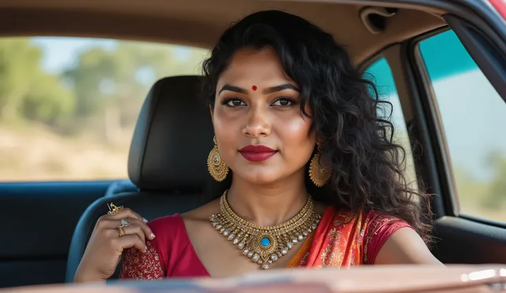 Indian 30 years old I'll bloody woman, curvy figure, beautiful round face, curly black long hair,red lips, wearing saree, driving car,