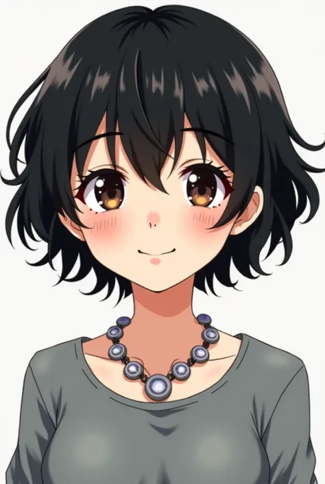 young manga girl, black short wavy hair with dark brown sharp eyes and a sharp nose, average ear size, small lips, medium sized eyebrows and medium sized eyelashes, smiling with a grey shirt on and a silver flower necklace on realistic-ish